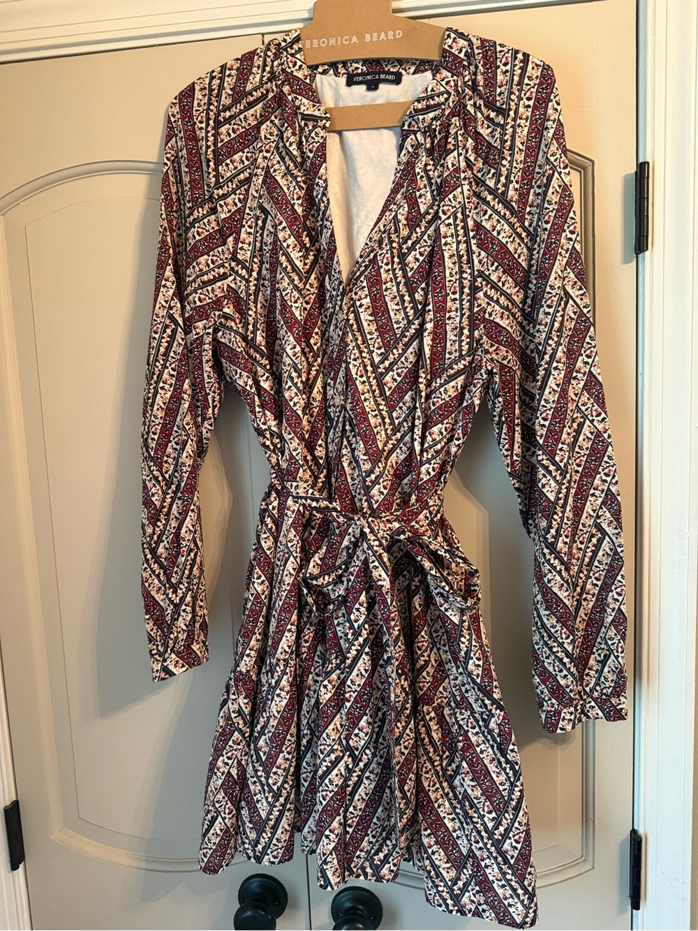 Veronica Beard Burgundy, Cream & Navy Printed Dress